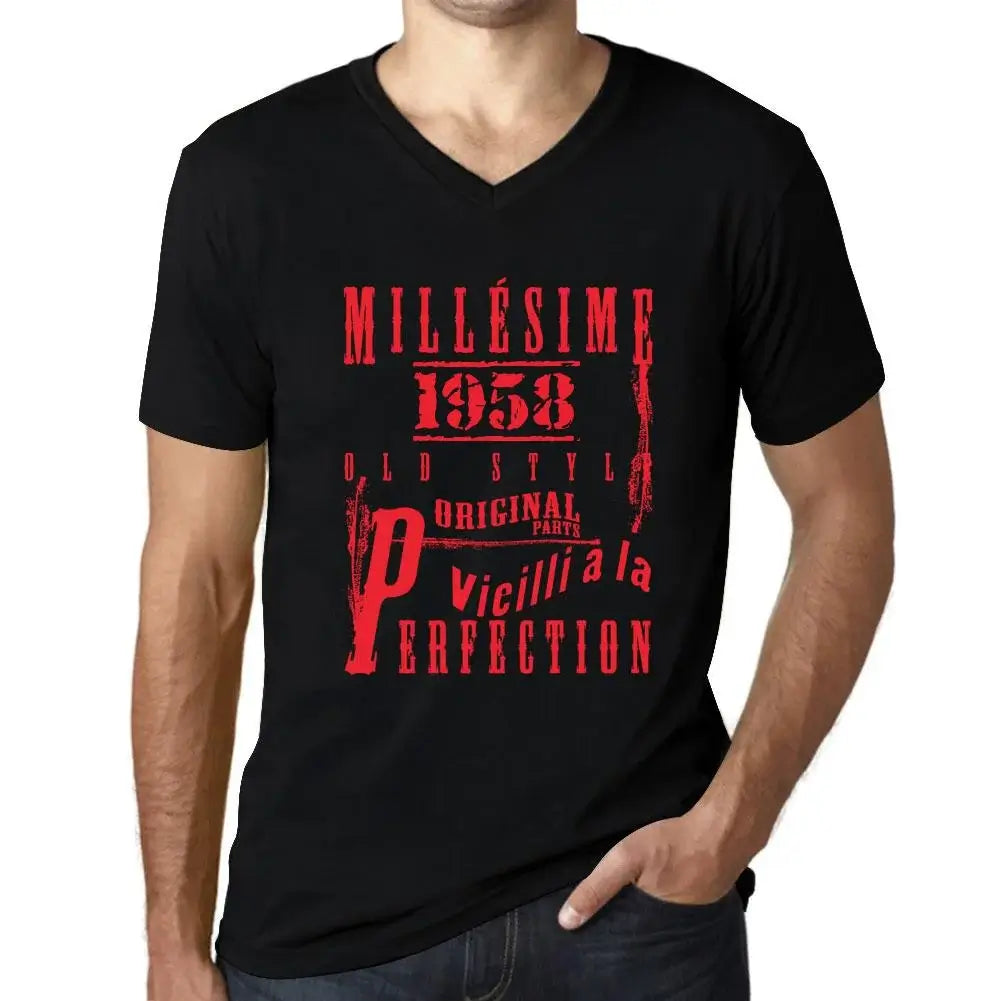 Men's Graphic T-Shirt V Neck Vintage Aged to Perfection 1958 – Millésime Vieilli à la Perfection 1958 – 66th Birthday Anniversary 66 Year Old Gift 1958 Vintage Eco-Friendly Short Sleeve Novelty Tee