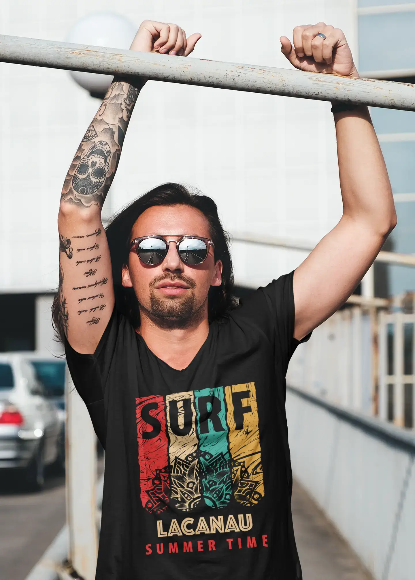Men's Graphic T-Shirt V Neck Surf Summer Time LACANAU Deep Black