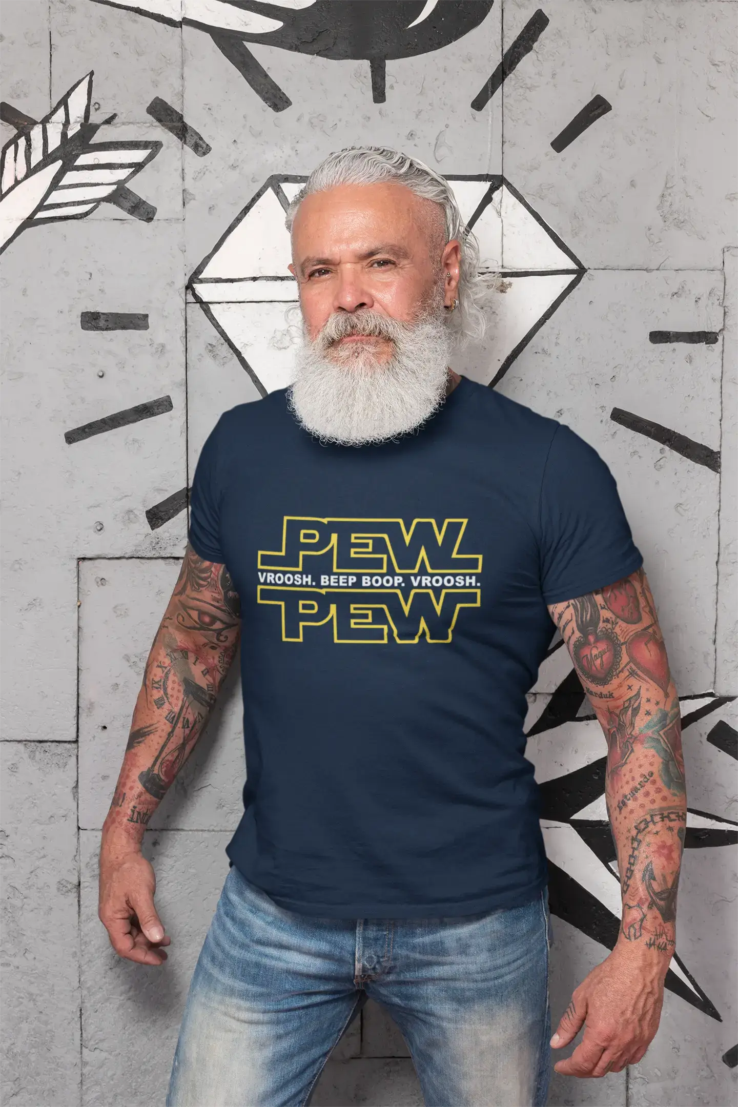 Graphic Men's Pew Pew T-Shirt Lemon Letter Print Tee Denim