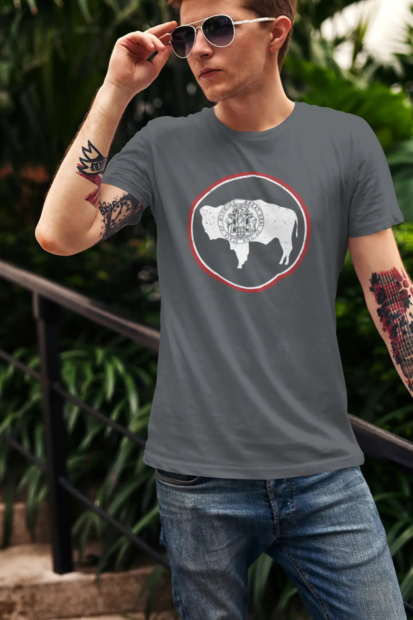 Graphic Men's Wyoming Flag T-Shirts White Print Tee Mouse Denim