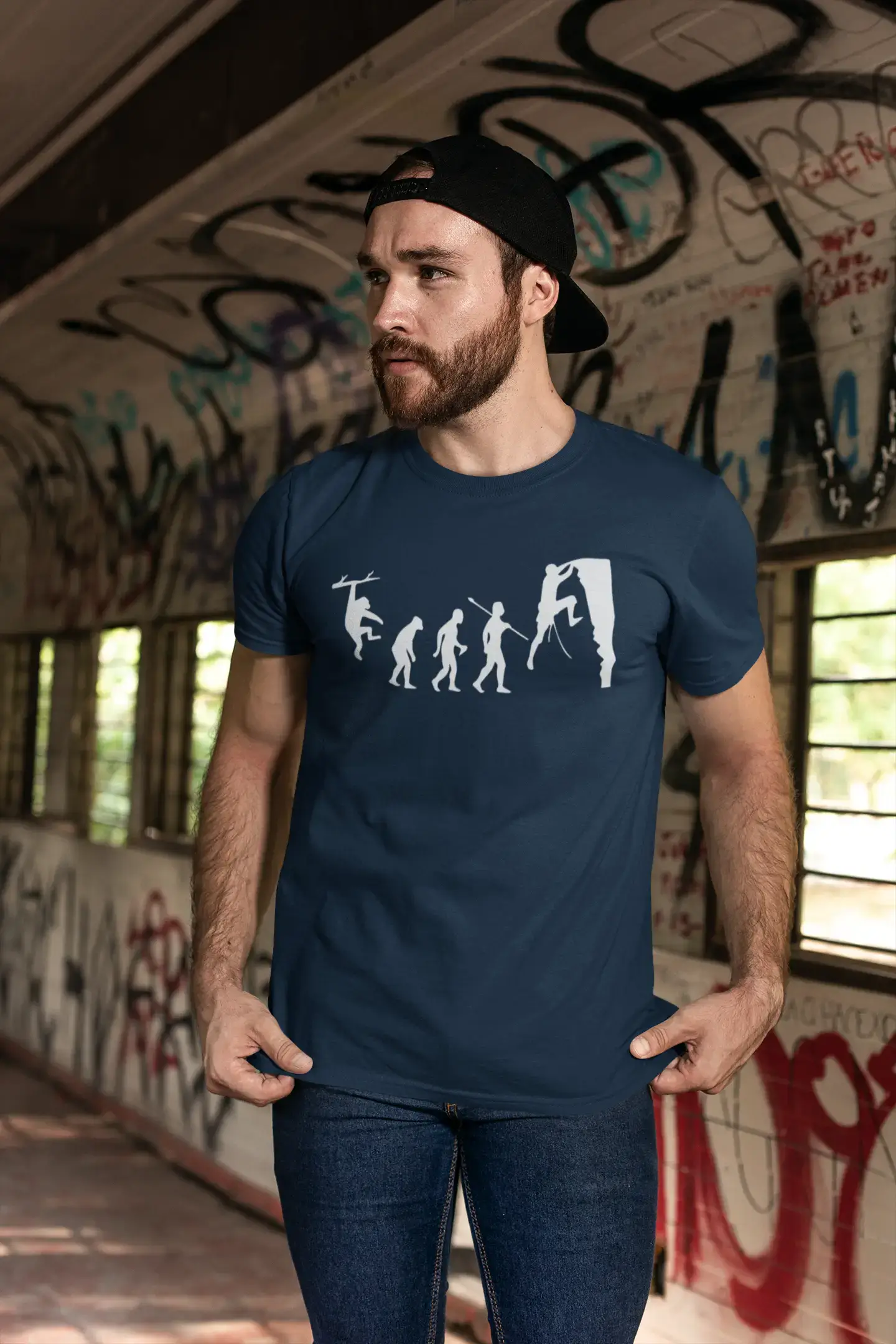 ULTRABASIC - Graphic Printed Men's Climbing Evolution T-Shirt French Navy
