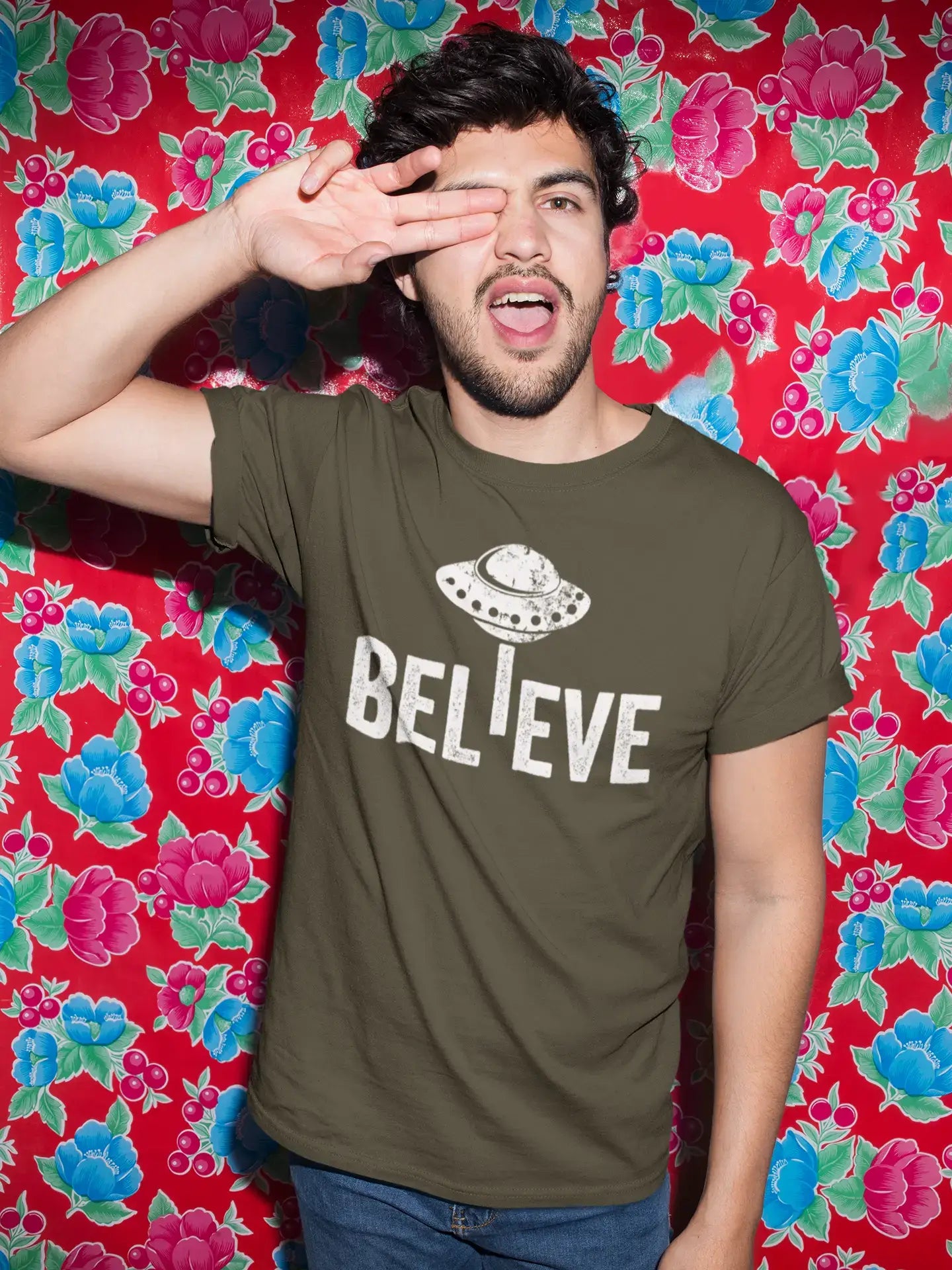 ULTRABASIC - Graphic Men's Believe UFO Alien T-Shirt Funny Casual Letter Print Tee Mouse Grey