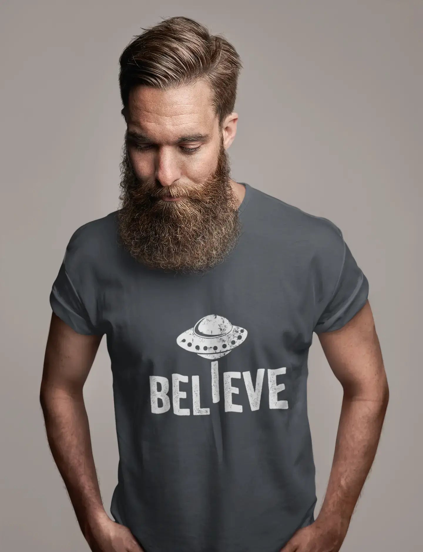 ULTRABASIC - Graphic Men's Believe UFO Alien T-Shirt Funny Casual Letter Print Tee Denim