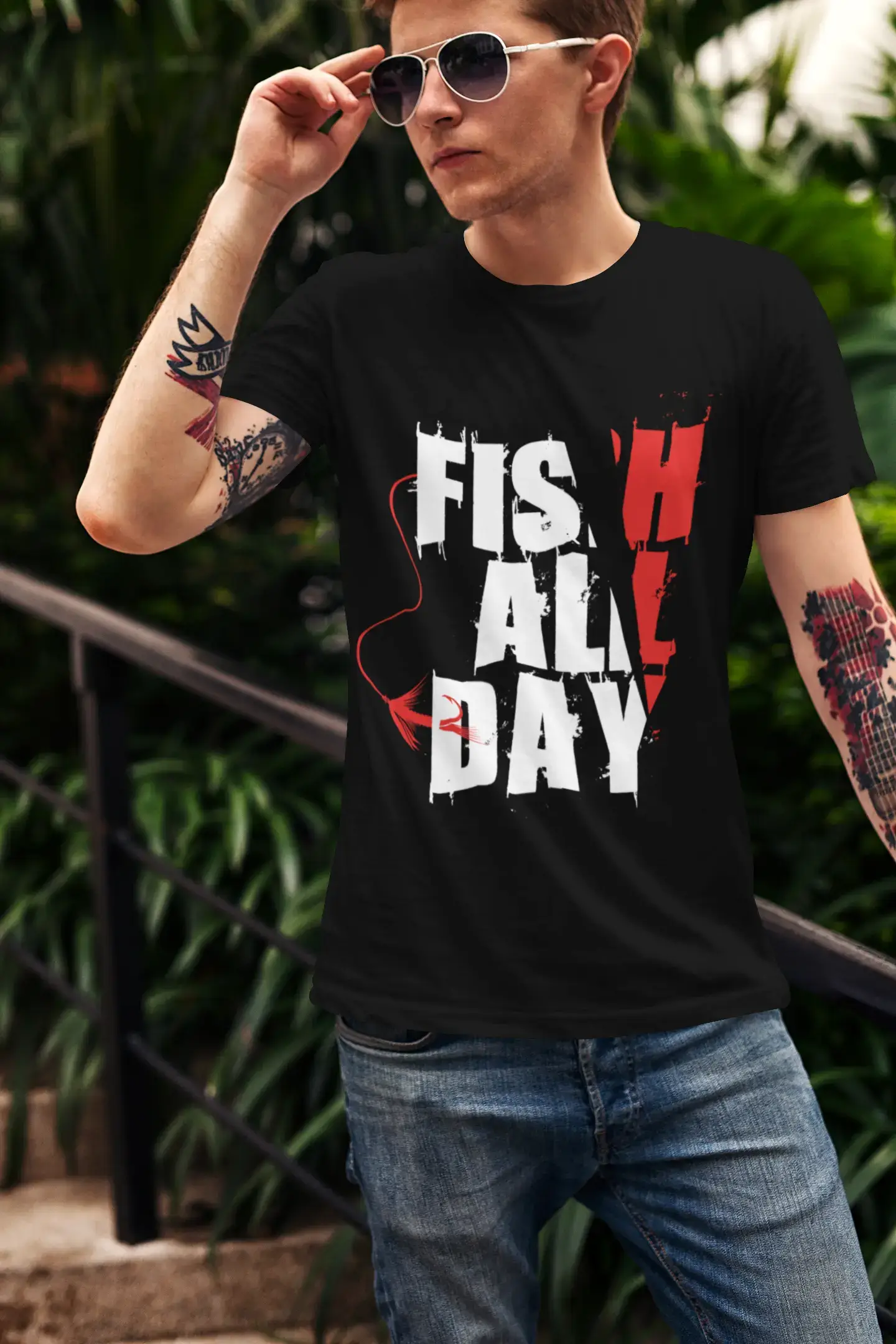 ULTRABASIC Men's T-Shirt Fish All Day - Fishing Fisherman Tee Shirt