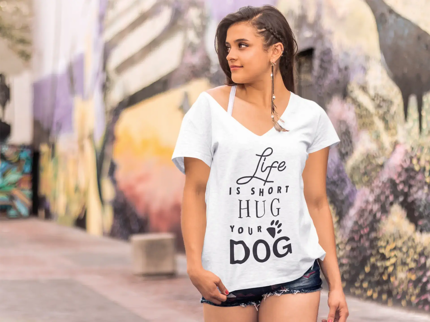 ULTRABASIC Women's T-Shirt Life Is Short Hug Your Dog - Funny Short Sleeve Tee Shirt Tops