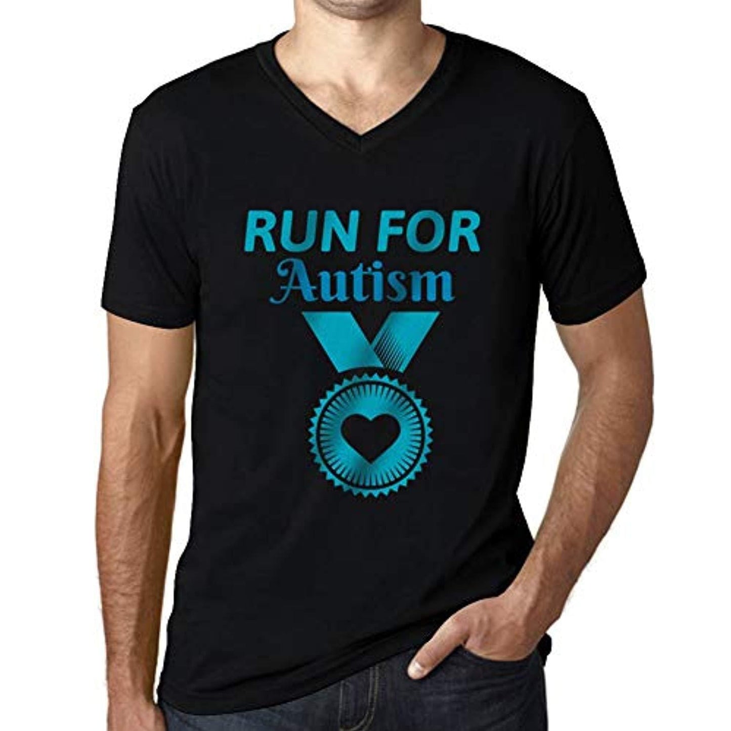 Ultrabasic Men's Graphic V-Neck T-Shirt Run for Autism Deep Black