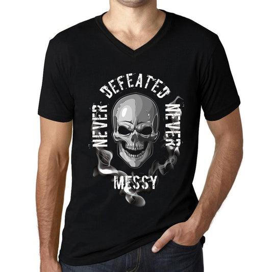 Men&rsquo;s Graphic V-Neck T-Shirt Never Defeated, Never MESSY Deep Black - Ultrabasic