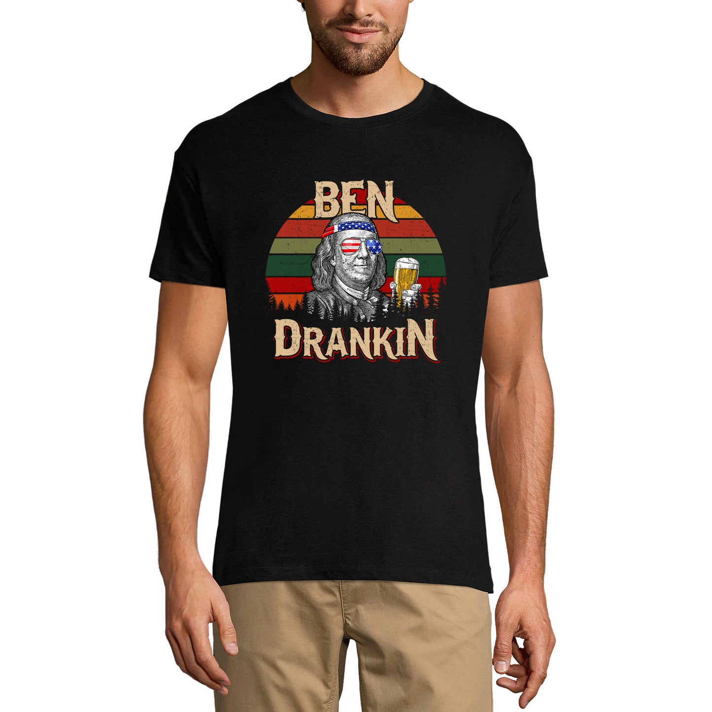 ULTRABASIC Men's T-Shirt Ben Drankin American Flag - Retro Sunset Beer Lover Tee Shirt