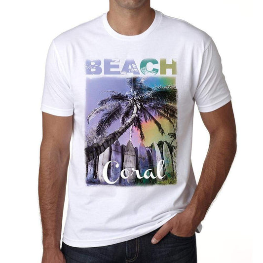 Coral Beach Palm White Mens Short Sleeve Round Neck T-Shirt - White / S - Casual