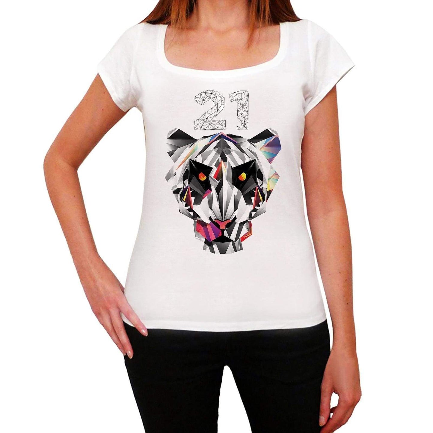 Geometric Tiger Number 21 White Womens Short Sleeve Round Neck T-Shirt 00283 - White / Xs - Casual