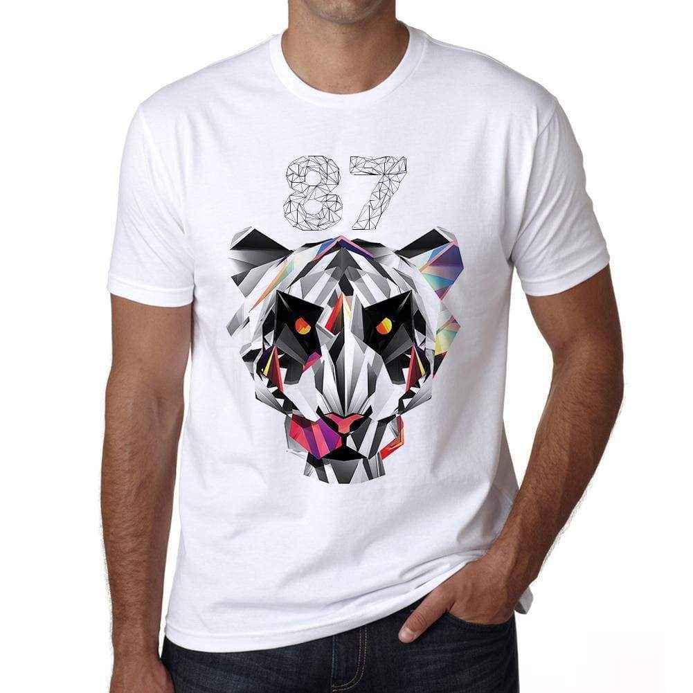 Geometric Tiger Number 87 White Mens Short Sleeve Round Neck T-Shirt 00282 - White / S - Casual