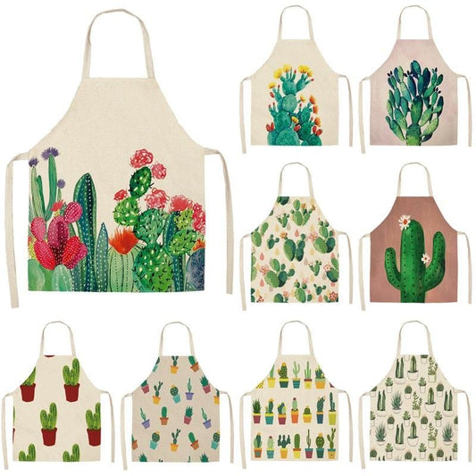 1Pcs Cactus Pattern Kitchen Apron for Woman Sleeveless Cotton Linen Aprons Home Cooking Baking Bibs Cleaning Tools 53*65cm P1013