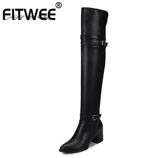 FITWEE Fashion Autumn women's Knight Boots Over Knee Thigh High Boots Women New High Heels Shoes Woman Plus Size 32-48