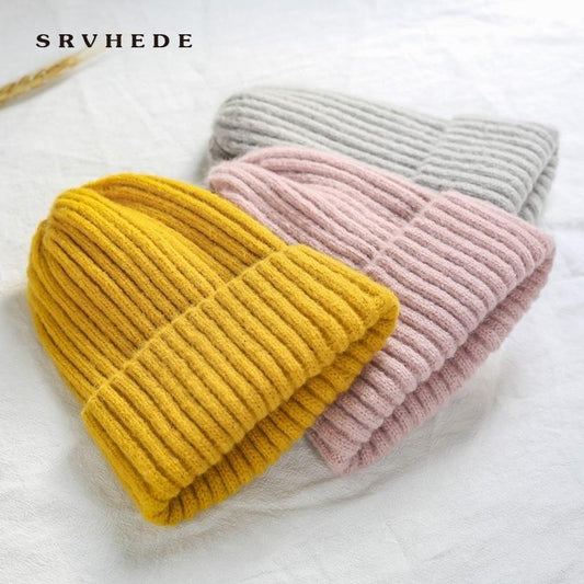 2019 New Winter Solid Color Wool Knit Beanie Women Fashion Casual Hat Warm Female Soft Thicken Hedging Cap Slouchy Bonnet Ski