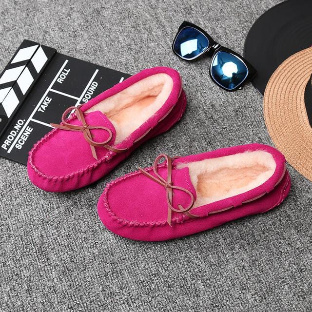 2020 Shoes Women Winter Warm 100% Genuine Leather Flat Shoes Casual Loafers Slip on Women's Flats Plush Shoes Moccasins Lady