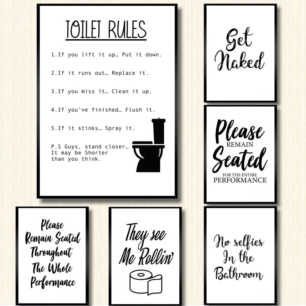 Wall Art Canvas Painting Funny Bathroom Rules Sign Nordic Black White Poster Prints Toilet Humour Pictures Bathroom Home Decor