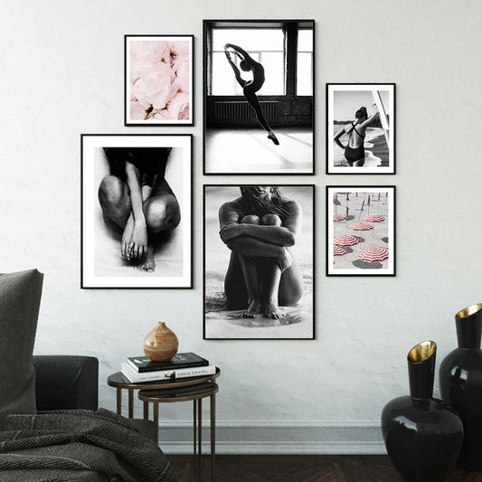 Pink Umbrella Dancing Girl Poster on The Wall Sitting Girl on The Beach Painting Home Decor Feature Decorative Picture Unframed