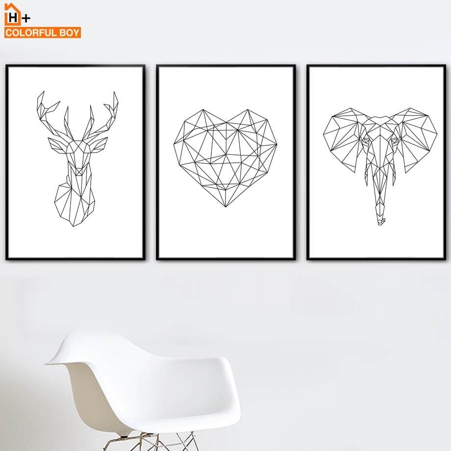 Geometry Deer Elephant Heart Wall Art Canvas Painting Nordic Posters And Prints Black White Wall Pictures For Living Room Decor
