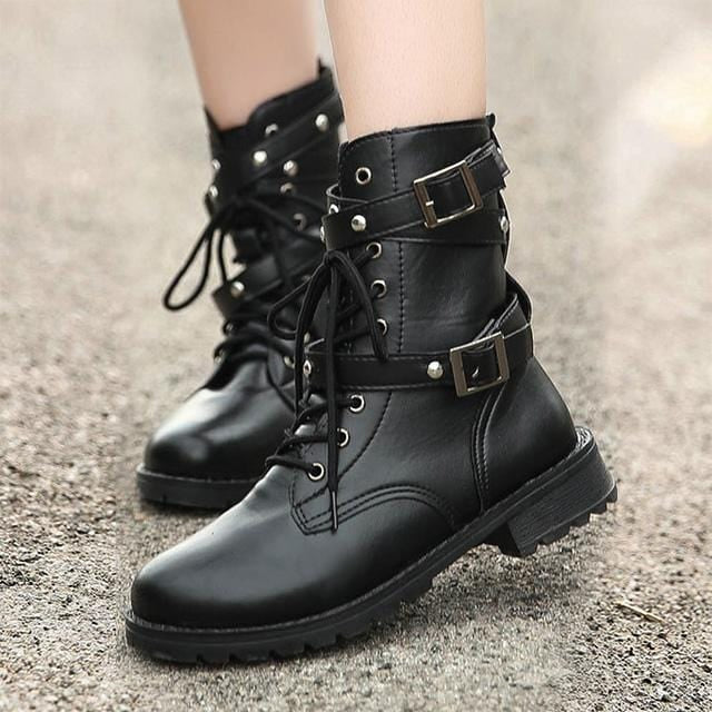 Leather Boots Women Ankle Boots Motocycle Boots Female Shoes Autumn Lace Up Winter Motorcycle Boots 2019 New British Style