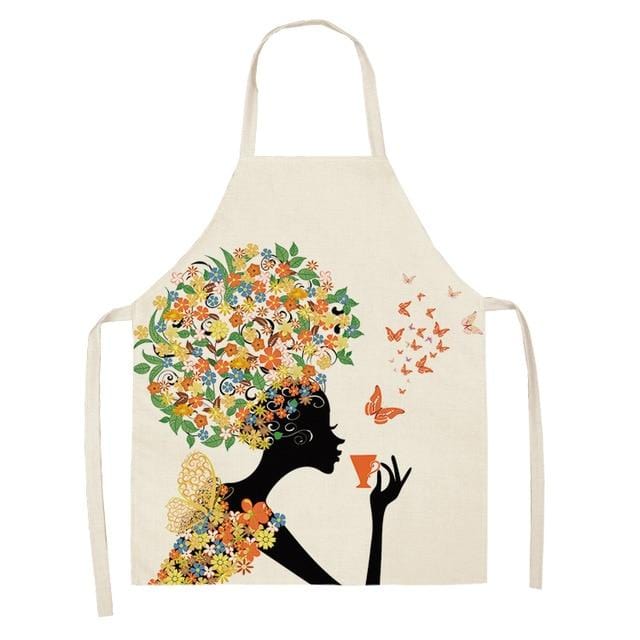 1Pcs Cotton Linen Flower Butterfly Girl Printed Kitchen Aprons for Women Home Cooking Baking Waist Bib Pinafore 53*65cm WQ0034