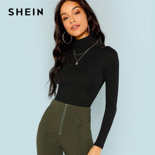 SHEIN Black Turtleneck Slim Fit T-shirt Workwear Office Ladies Plain High Neck Long Sleeve Tee Women Autumn Minimalist Tee