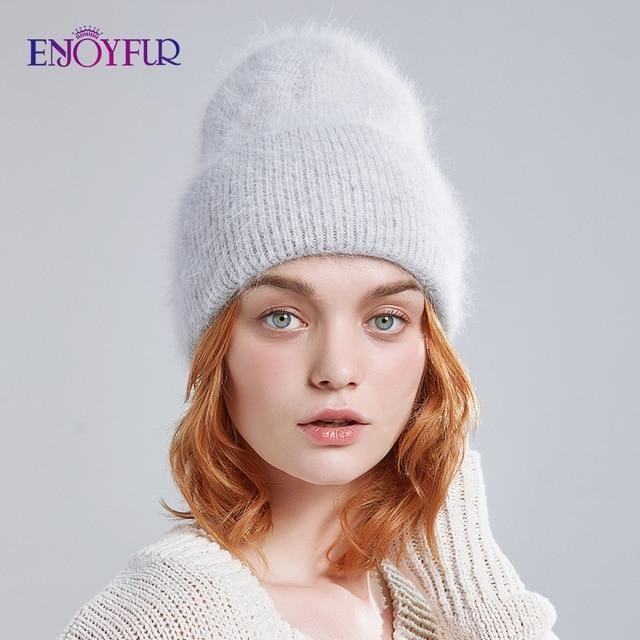 ENJOYFUR Winter hats for women warm long rabbit fur hair female caps fashion solid colors wide cuff young style beanies