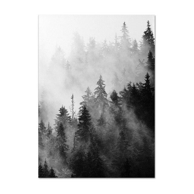 Forest Prints Black and White Nature Scandinavian Wall Art Canvas Painting Modern Minimalist Landscape Foggy Mountain Posters