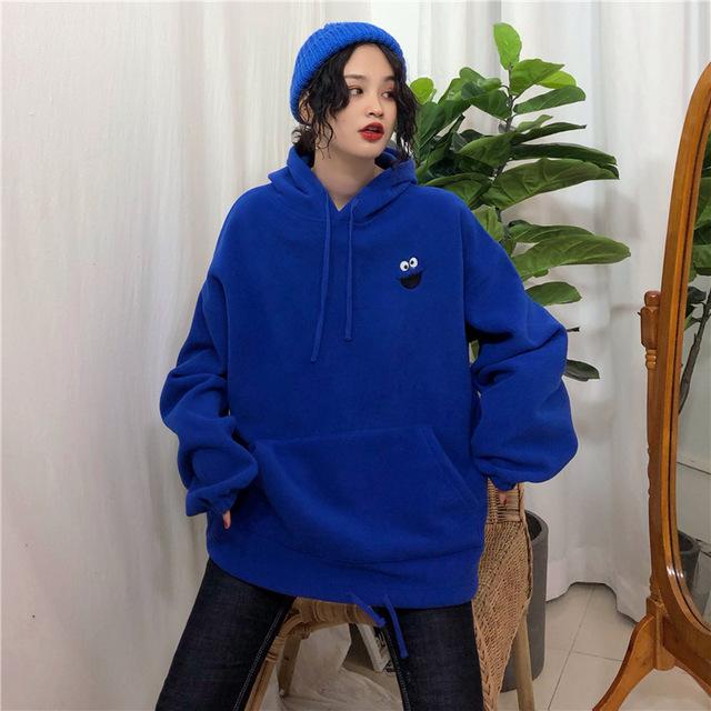 Hoodies Women Pockets Embroidered Cartoon Trendy Cute Female Loose BFplus Velvet Womens Long Sleeve All-match Lovely Streetwear