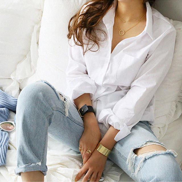 2019 Spring One Pocket Women White Shirt Female Blouse Tops Long Sleeve Casual Turn-down Collar OL Style Women Loose Blouses