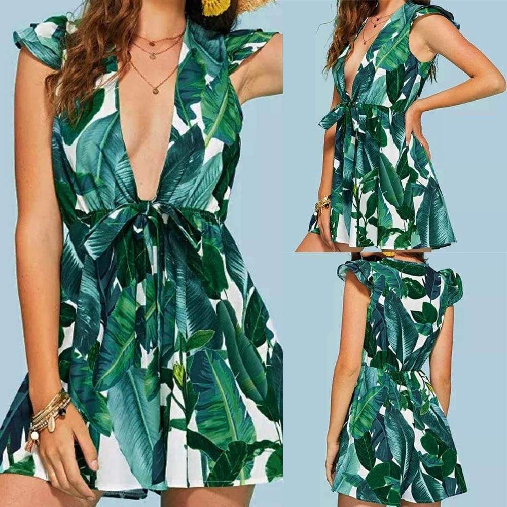 Women Sexy Floral Printing Short Sleevel Mini Dress Evening Party Dress - Green / L