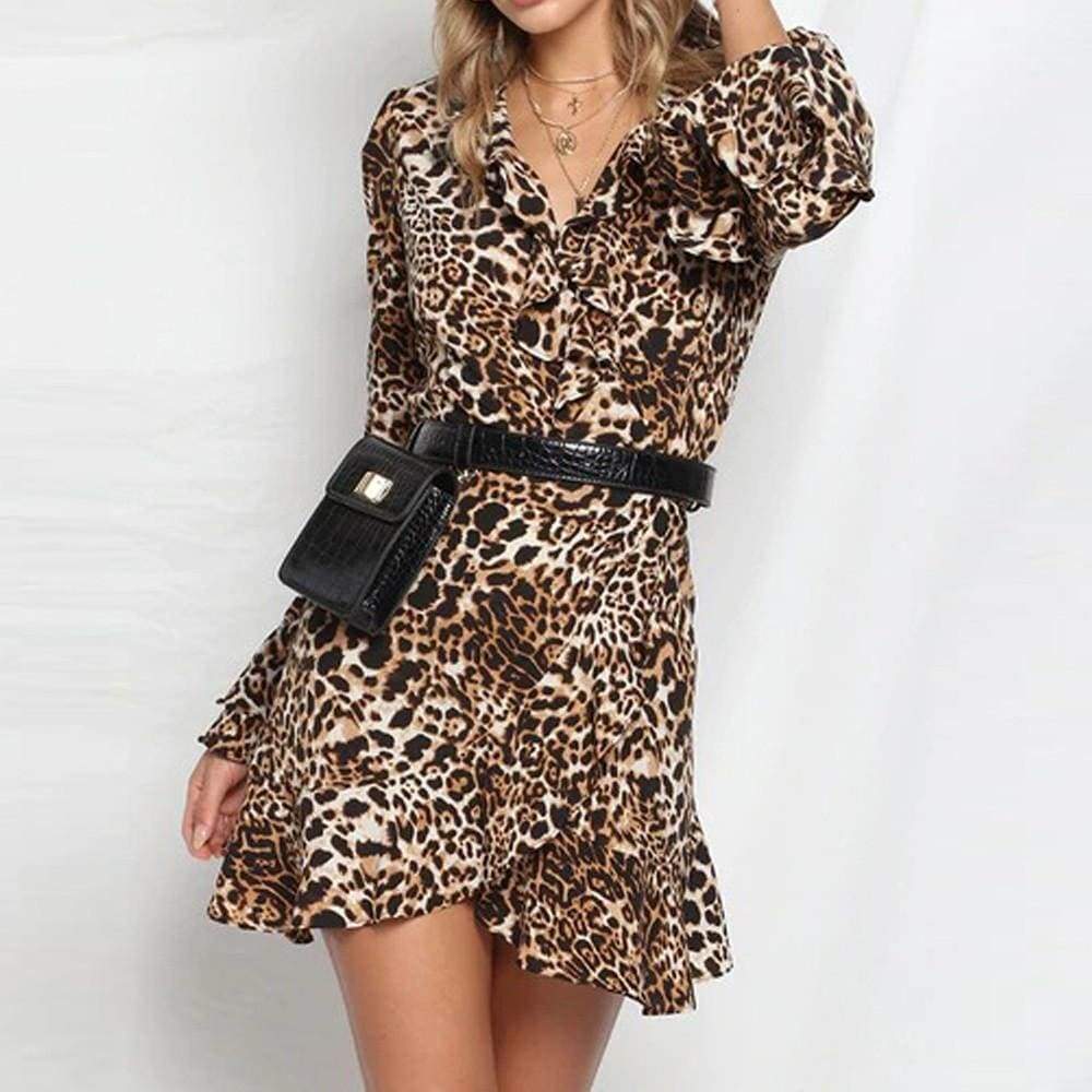 Womens Sexy V-Neck Leopard Printed Ruffled Hem Flare Sleeve Party Wrap Maxi Dress - Ultrabasic